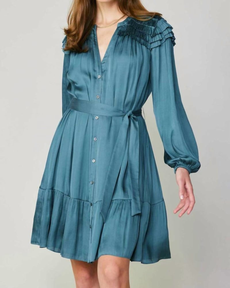 Front of a model wearing a size L Long Sleeve Split Neck Button Down Dress In Deep Cyan in Deep Cyan by current air. | dia_product_style_image_id:359699
